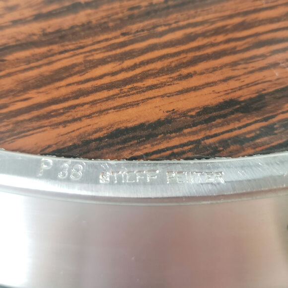 Vintage MCM Stieff Pewter Round Serving Tray Formica Woodgrain Barware 16" - Picture 4 of 6